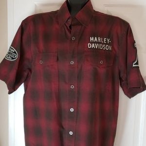 Harley-Davidson Red Black Men's Short Sleeve Butto